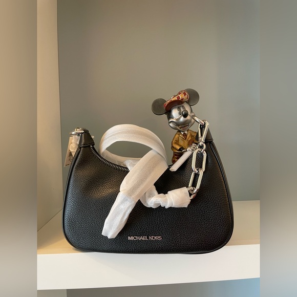 NWT Michael Kors Pebble Leather Cora Pouchette - Black with Silver Hardware - Picture 5 of 15